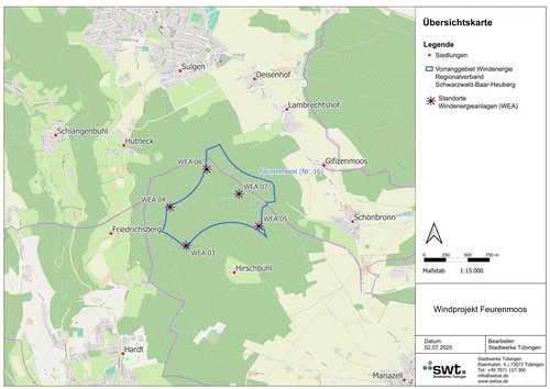 Eine Übersichtskarte zeigt die Standorte von Windenergieanlagen (WEA) und Siedlungen in der Umgebung von Feurenmoos. Die WEA sind mit Sternen markiert, das Gebiet für Windenergie ist durch eine blaue Linie eingegrenzt. Siedlungen sind durch rote Punkte dargestellt. Die Karte enthält auch eine Legende und Maßstab.