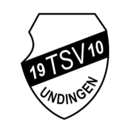 Ein Wappen in Schwarz-Weiß mit der Aufschrift "19 TSV 10 Undingen" und einem stilisierten Schild-Design.