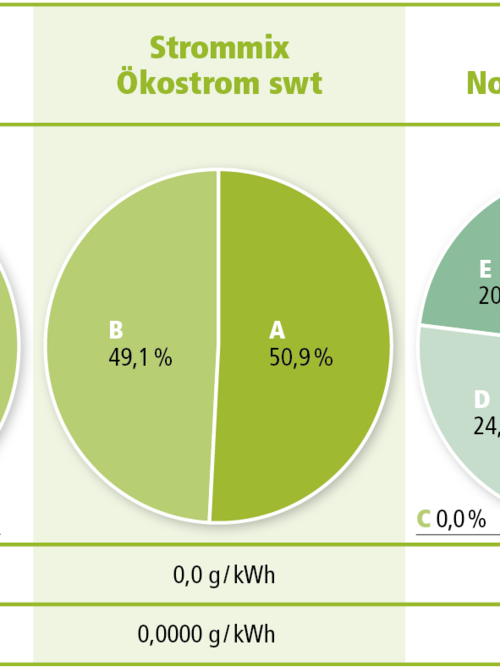 Vier Kreisdiagramme zum Strommix 2025 von Stadtwerke Tübingen und Deutschland: Unterschiedliche Anteile erneuerbarer und fossiler Energien sowie CO₂-Emissionen. Ökostrom von Stadtwerke Tübingen stammt zu 100 % aus deutschen Anlagen, Unternehmensmix enthält auch fossile Energien.