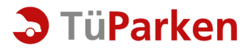 Ein Logo mit dem Wort "TüParken", wobei "Tü" in grau und "Parken" in rot dargestellt ist. Links vom Text befindet sich ein rotes Symbol, das einem stilisierten Auto ähnelt.