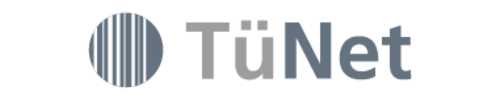 Ein Logo mit dem Text "TüNet". Das Logo enthält einen grafischen Kreis, der vertikale Streifen zeigt, und die Schriftart ist modern und klar. Die Farbgebung ist in verschiedenen Grautönen gehalten.