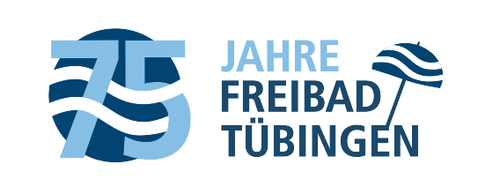 Logo mit der Zahl 75, dem Text "Jahre Freibad Tübingen" und einem bunten Sonnenschirm auf dunkelblauem Hintergrund