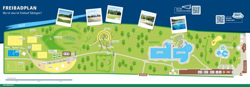 Der Freibadplan zeigt das Layout des Freibads Tübingen, inklusive Sport- und Badebereiche sowie Ruhezone.