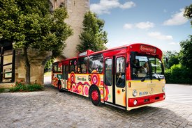 Ein buntes, retro gestyltes Linienbus steht an einer gepflasterten Straße, umgeben von Bäumen und historischer Architektur. Der Bus hat ein rotes Dach und ist mit farbenfrohen Kreisen und Blumen verziert. Auf der Frontscheibe ist das Wort "Sonderfahrt" zu lesen. Im Hintergrund sind grüne Bäume und ein klarer blauer Himmel zu sehen.