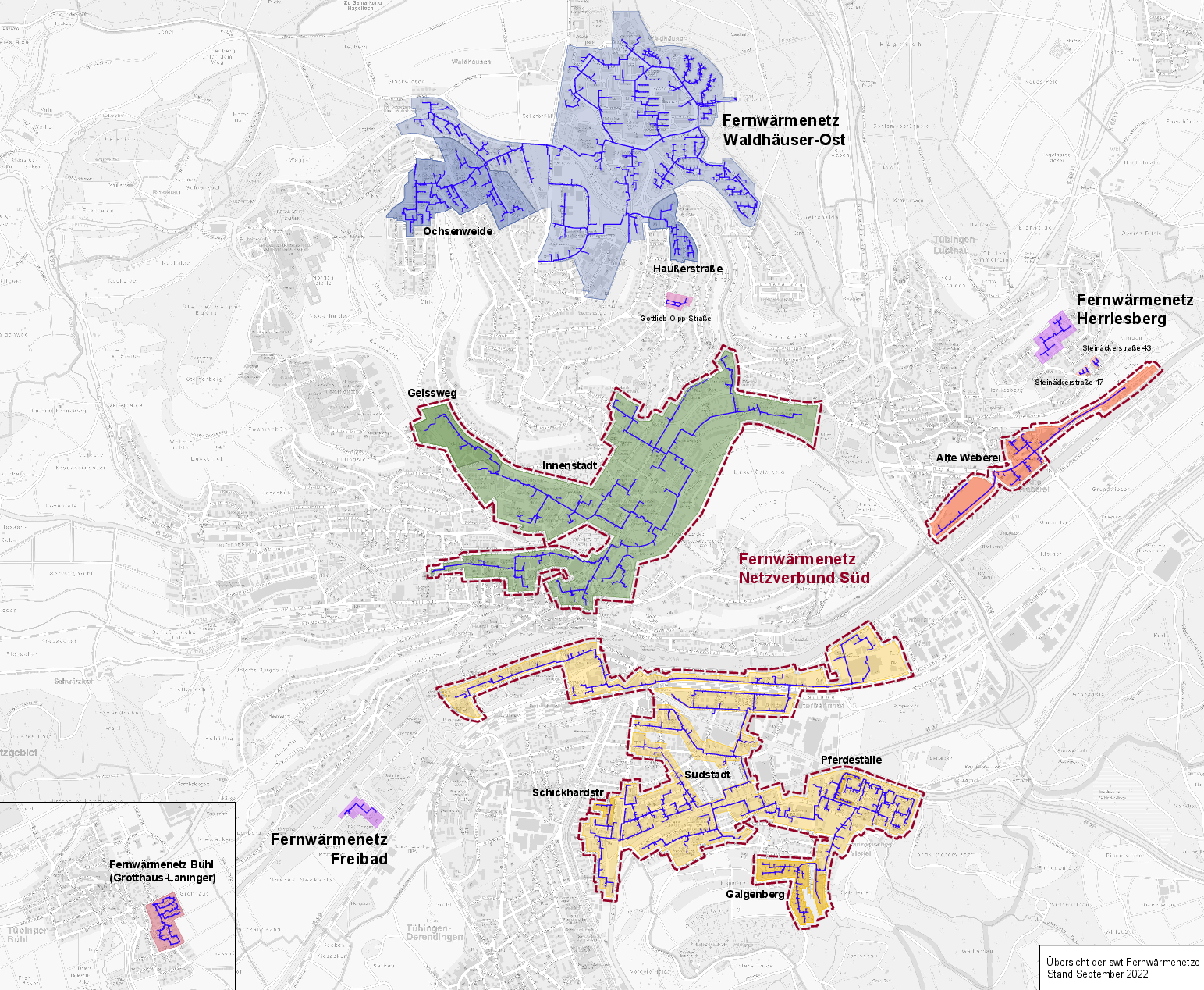 Übersichtskarte mit den Fernwärmenetzen in Tübingen