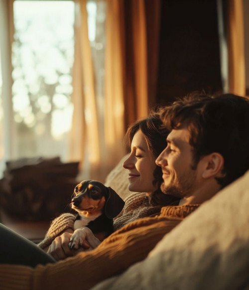 Ein junges Paar sitzt gemütlich auf einem Sofa, umarmt ihren kleinen Hund und blickt entspannt in die Ferne. Das Licht des Sonnenuntergangs strömt durch große Fenster und schafft eine warme, einladende Atmosphäre im Raum, der von weichen Kissen und einer behaglichen Einrichtung geprägt ist.