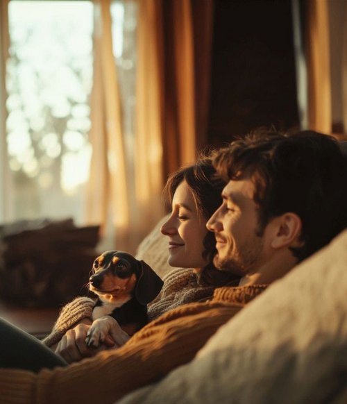 Ein junges Paar sitzt gemütlich auf einem Sofa, umarmt ihren kleinen Hund und blickt entspannt in die Ferne. Das Licht des Sonnenuntergangs strömt durch große Fenster und schafft eine warme, einladende Atmosphäre im Raum, der von weichen Kissen und einer behaglichen Einrichtung geprägt ist.