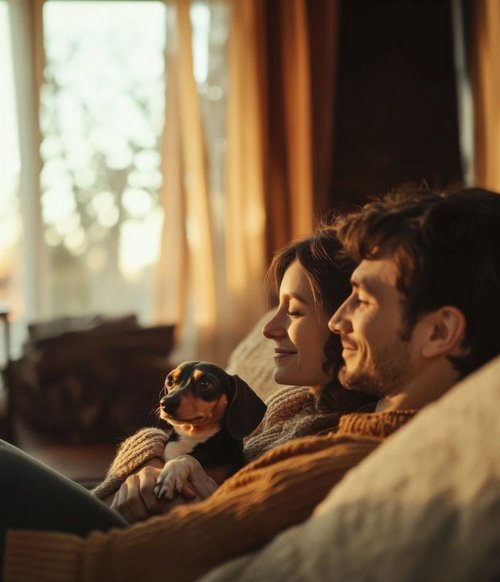 Ein junges Paar sitzt gemütlich auf einem Sofa, umarmt ihren kleinen Hund und blickt entspannt in die Ferne. Das Licht des Sonnenuntergangs strömt durch große Fenster und schafft eine warme, einladende Atmosphäre im Raum, der von weichen Kissen und einer behaglichen Einrichtung geprägt ist.