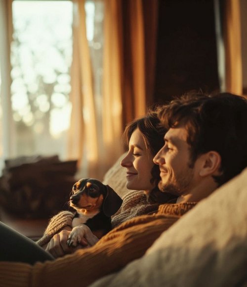 Ein junges Paar sitzt gemütlich auf einem Sofa, umarmt ihren kleinen Hund und blickt entspannt in die Ferne. Das Licht des Sonnenuntergangs strömt durch große Fenster und schafft eine warme, einladende Atmosphäre im Raum, der von weichen Kissen und einer behaglichen Einrichtung geprägt ist.
