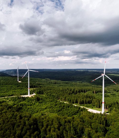 Drei Windkraftanlagen stehen in einem grünen Waldgebiet. Die Anlagen sind hoch, mit weißen Turbinen und roten Akzenten. Der Himmel ist bewölkt, und im Hintergrund sind sanfte Hügel zu sehen. Die Landschaft ist von dichten Bäumen umgeben, die eine satte grüne Farbe haben.