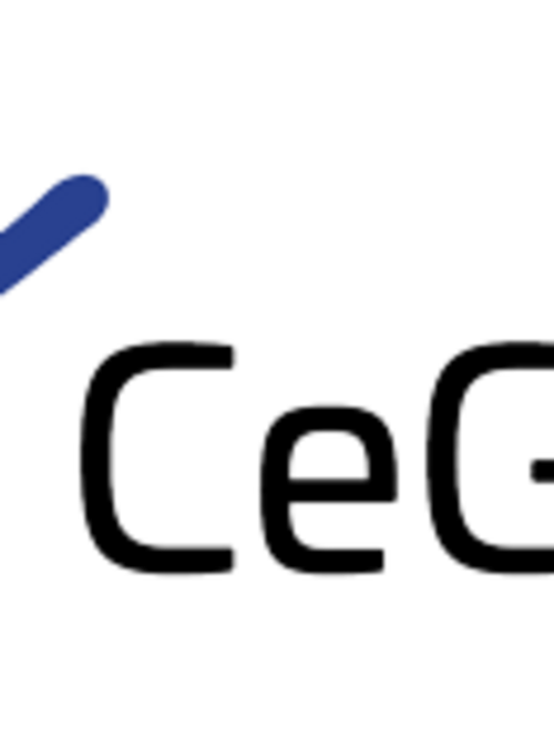 Ein Logo mit dem Namen "CeGaT". Es enthält einen roten und einen blauen diagonal verlaufenden Strich, die sich überkreuzen, sowie den Schriftzug "CeGaT" in schwarzer Schrift.