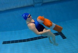 Eine Person trägt eine blaue Badekappe und schwimmt unter Wasser mit einem orangefarbenen Schwimmrettungsgerät
