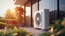 Wärmepumpe auf der Terrasse eines Hauses.
