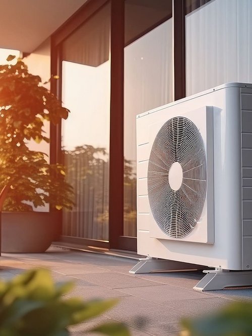 Auf einem Balkon steht eine weiße Klimaanlage neben einer großen Fensterfront, durch die das Sonnenlicht strömt. Im Hintergrund sind grüne Pflanzen und ein gemütlicher mit einem Kissen dekorierter Sessel sichtbar. Die Szene vermittelt eine entspannte Atmosphäre bei Sonnenuntergang.