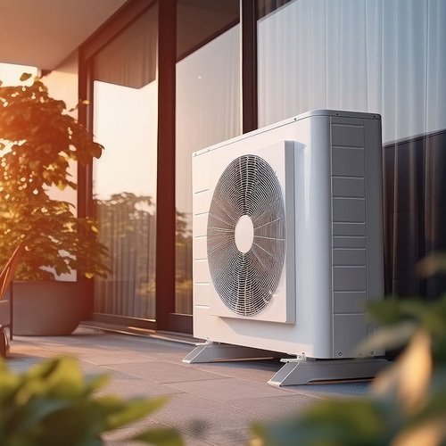 Wärmepumpe auf der Terrasse eines Hauses.
