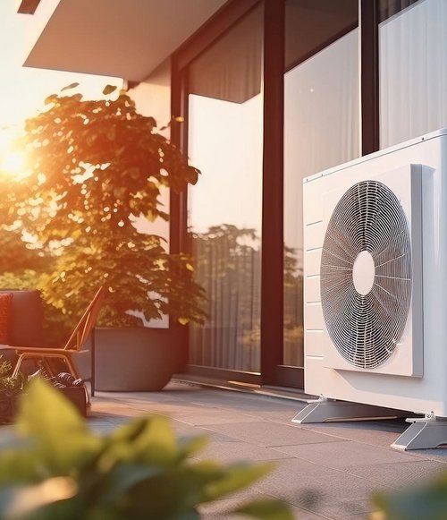 Auf einem Balkon steht eine weiße Klimaanlage neben einer großen Fensterfront, durch die das Sonnenlicht strömt. Im Hintergrund sind grüne Pflanzen und ein gemütlicher mit einem Kissen dekorierter Sessel sichtbar. Die Szene vermittelt eine entspannte Atmosphäre bei Sonnenuntergang.