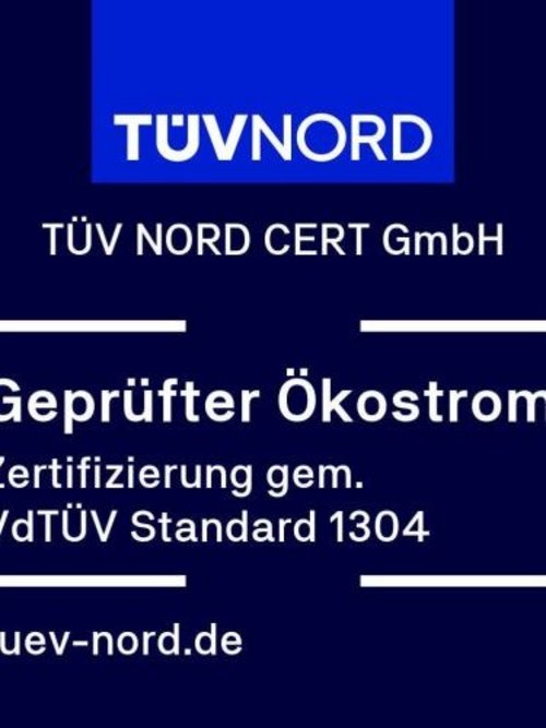 Siegel der TÜV NORD CERT GmbH für die Zertifizierung "Geprüfter Ökostrom" nach VdTÜV Standard 1304