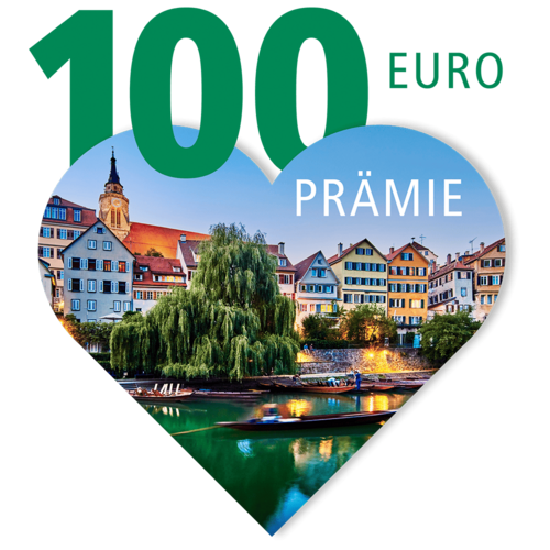 Ein Herz, das eine städtische Landschaft zeigt, in der man bunte Häuser und einen ruhigen Fluss sieht. Im oberen Bereich steht in großen grünen Zahlen "100", gefolgt von "EURO" in kleinerer Schrift. Im unteren Bereich des Herzens steht das Wort "PRÄMIE" in auffälliger weißer Schrift. Die Umgebung ist bei Tageslicht aufgenommen und zeigt eine grüne Weide mit einem Baum.
