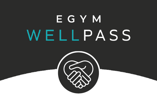 Ein Logo mit dem Text "EGYM WELLPASS" in weißer und türkisfarbener Schrift auf einem schwarzen Hintergrund. Darunter befindet sich ein Symbol mit zwei sich schüttelnden Händen in einem runden, schwarzen Kreis.