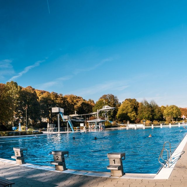 Ein Schwimmbad mit klarem blauen Wasser, umgeben von Bäumen mit herbstlicher Laubfärbung. Auf der linken Seite befinden sich Bänke und eine Sonnenschirmständer. Am Beckenrand sind fünf Startblöcke aufgestellt, und einige Schwimmer sind im Wasser. Im Hintergrund sind ein Sprungturm und eine weitere Badeeinrichtung zu sehen, während der Himmel strahlend blau ist.