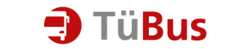 Ein rotes und graues Logo mit dem Schriftzug "TüBuS". Das Logo zeigt ein Symbol eines Busses und ist modern gestaltet.
