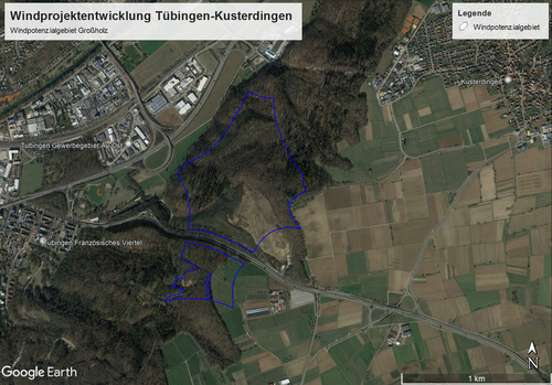 Google Earth Karte mit eingezeichnetem Potenzialgebiet für den Windpark Kusterdingen-Tübingen