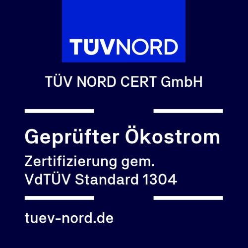 Siegel der TÜV NORD CERT GmbH für die Zertifizierung "Geprüfter Ökostrom" nach VdTÜV Standard 1304