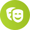 Ein grünes Symbol mit zwei Masken, einer lächelnden und einer traurigen, in einem runden Rahmen
